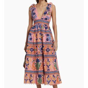 FARM Rio Women's Seashell Tapestry Tiered Midi Dress Size S NWT